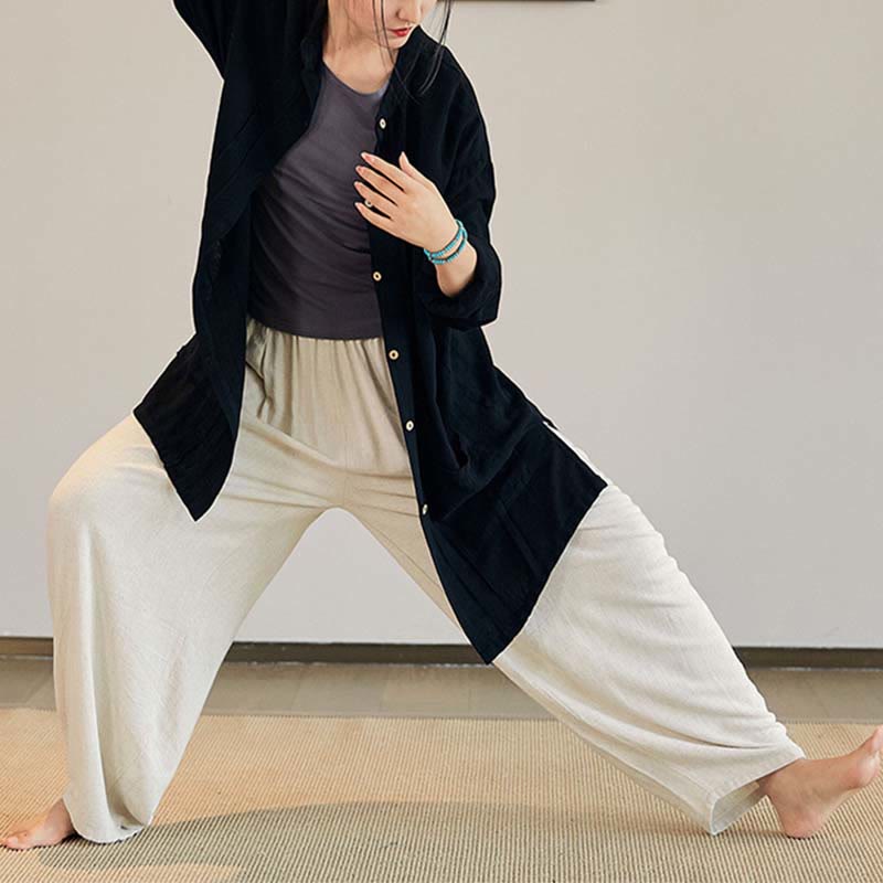Plain Long Sleeve Coat Jacket Top Wide Leg Pants Zen Tai Chi Yoga Meditation Clothing