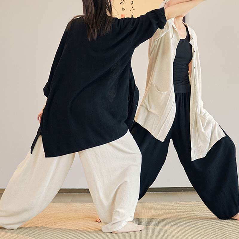 Plain Long Sleeve Coat Jacket Top Wide Leg Pants Zen Tai Chi Yoga Meditation Clothing