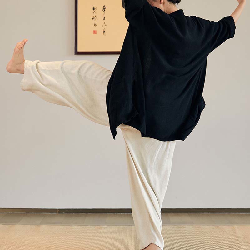 Plain Long Sleeve Coat Jacket Top Wide Leg Pants Zen Tai Chi Yoga Meditation Clothing