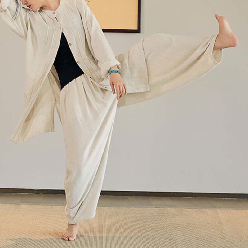 Plain Long Sleeve Coat Jacket Top Wide Leg Pants Zen Tai Chi Yoga Meditation Clothing
