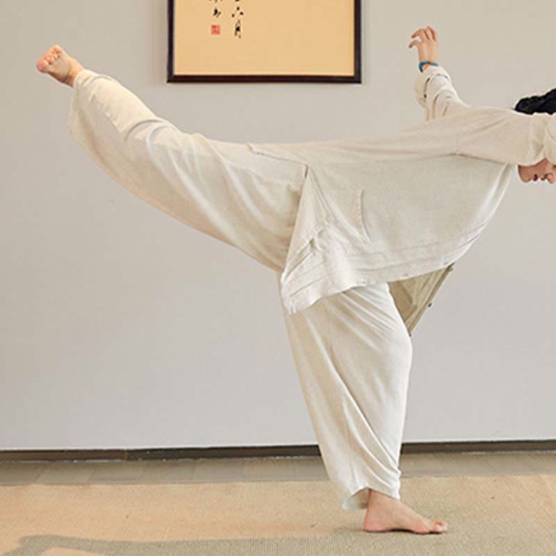 Plain Long Sleeve Coat Jacket Top Wide Leg Pants Zen Tai Chi Yoga Meditation Clothing