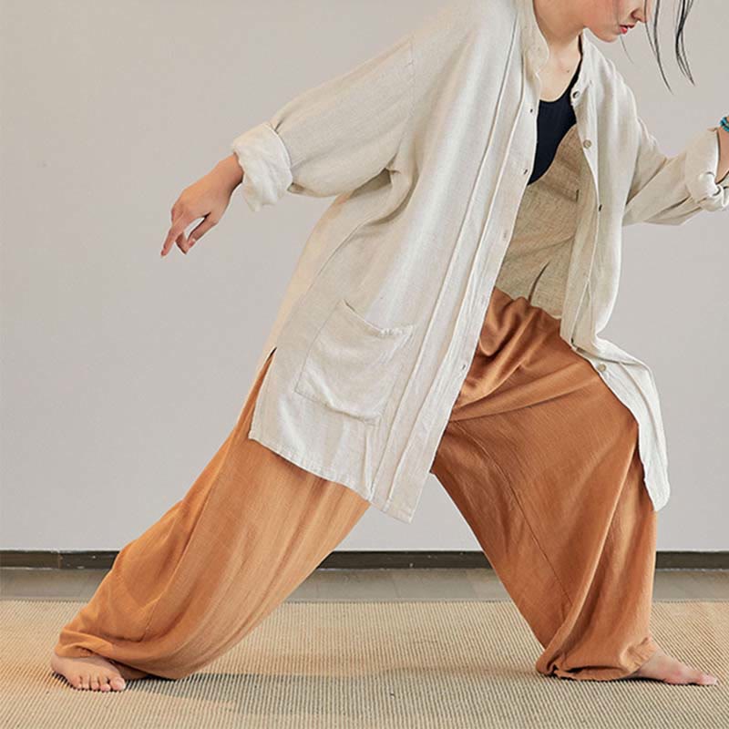 Plain Long Sleeve Coat Jacket Top Wide Leg Pants Zen Tai Chi Yoga Meditation Clothing