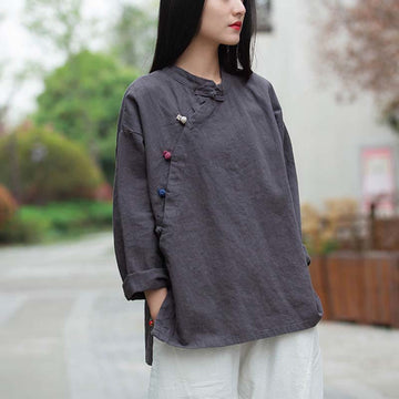 Ramie Linen Stand Collar Mindful Meditation Long Sleeve Shirt
