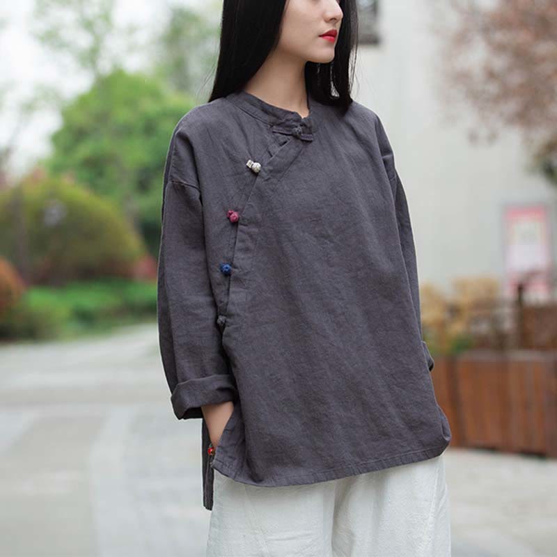 Ramie Linen Stand Collar Mindful Meditation Long Sleeve Shirt