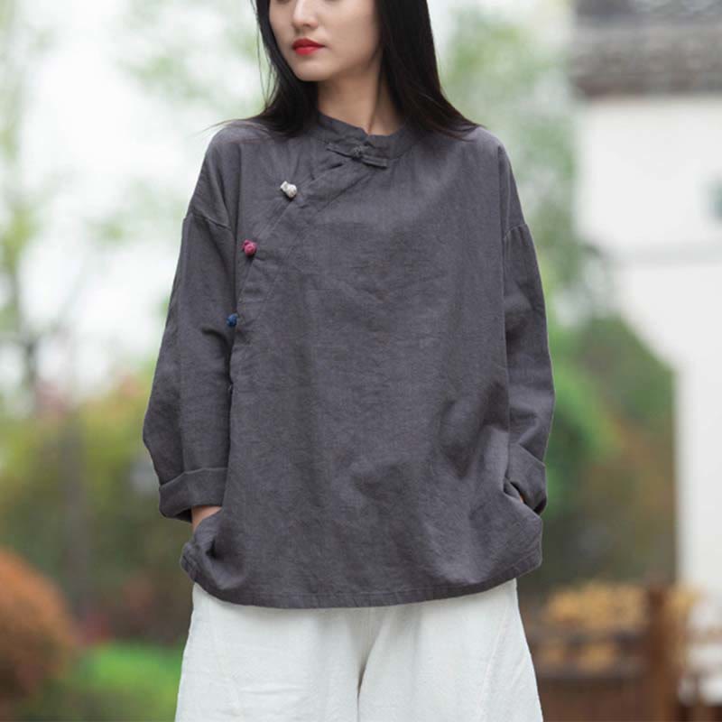 Ramie Linen Stand Collar Mindful Meditation Long Sleeve Shirt