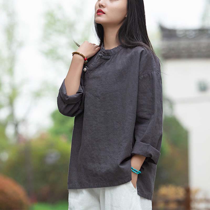 Ramie Linen Stand Collar Mindful Meditation Long Sleeve Shirt