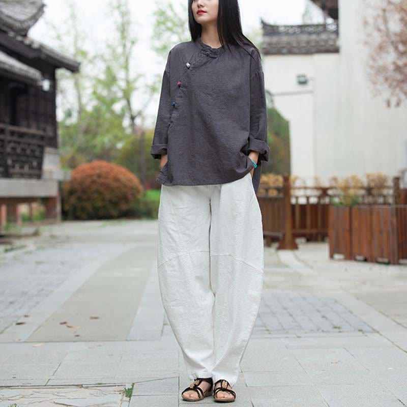 Ramie Linen Stand Collar Mindful Meditation Long Sleeve Shirt