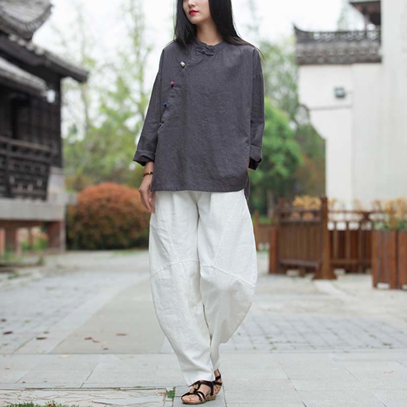 Ramie Linen Stand Collar Mindful Meditation Long Sleeve Shirt