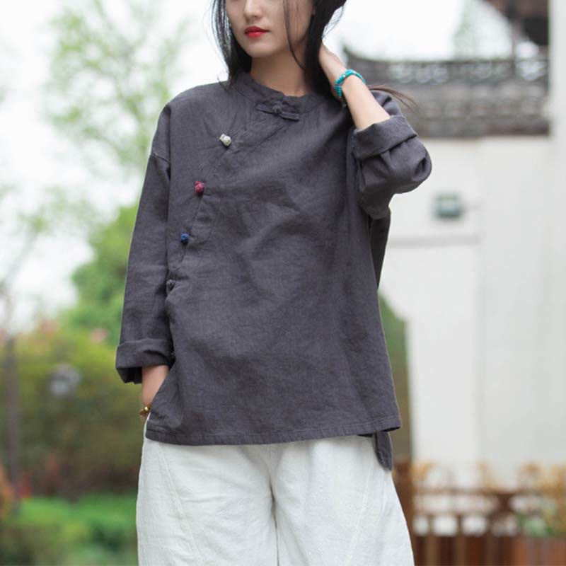 Ramie Linen Stand Collar Mindful Meditation Long Sleeve Shirt
