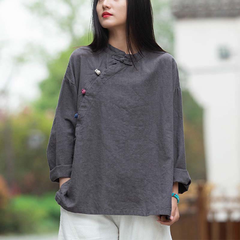 Ramie Linen Stand Collar Mindful Meditation Long Sleeve Shirt