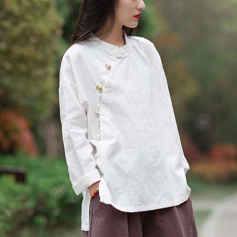 Ramie Linen Stand Collar Mindful Meditation Long Sleeve Shirt
