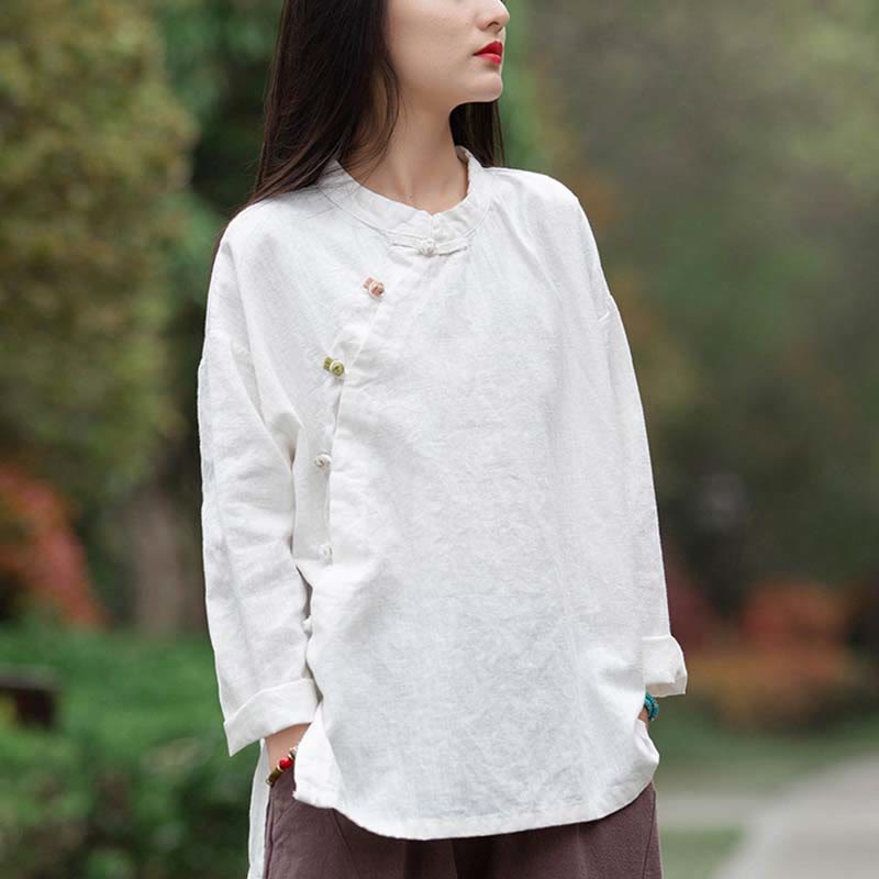 Ramie Linen Stand Collar Mindful Meditation Long Sleeve Shirt