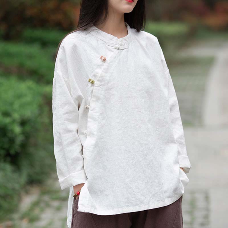 Ramie Linen Stand Collar Mindful Meditation Long Sleeve Shirt