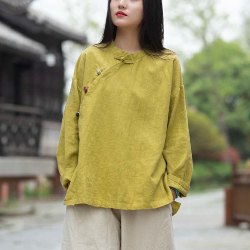 Ramie Linen Stand Collar Mindful Meditation Long Sleeve Shirt