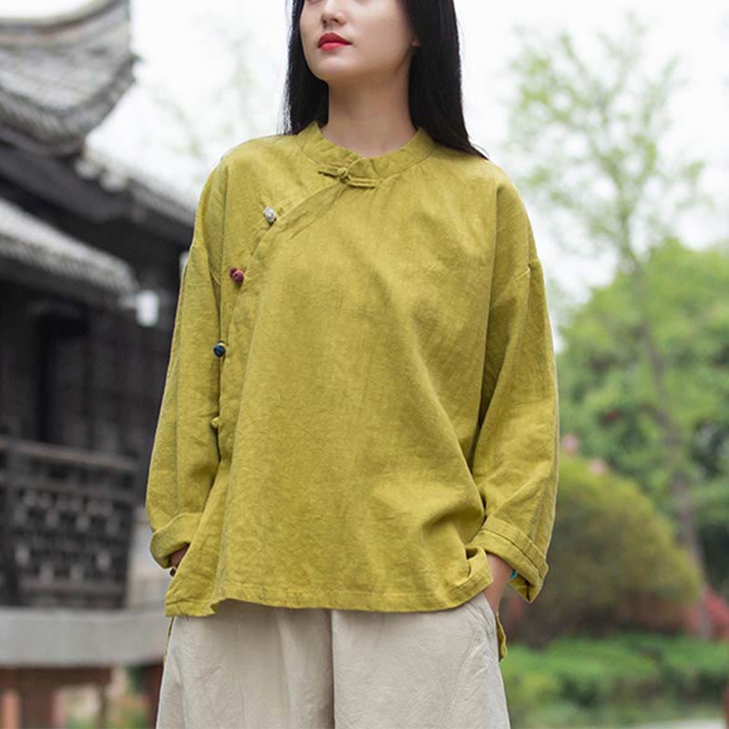 Ramie Linen Stand Collar Mindful Meditation Long Sleeve Shirt