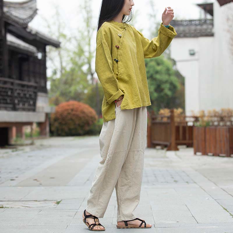 Ramie Linen Stand Collar Mindful Meditation Long Sleeve Shirt