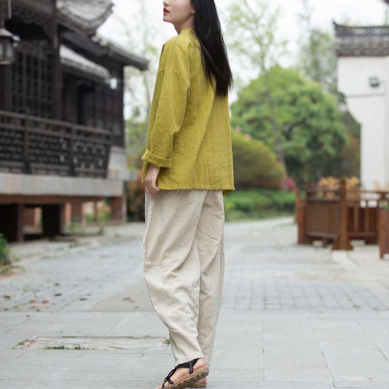Ramie Linen Stand Collar Mindful Meditation Long Sleeve Shirt