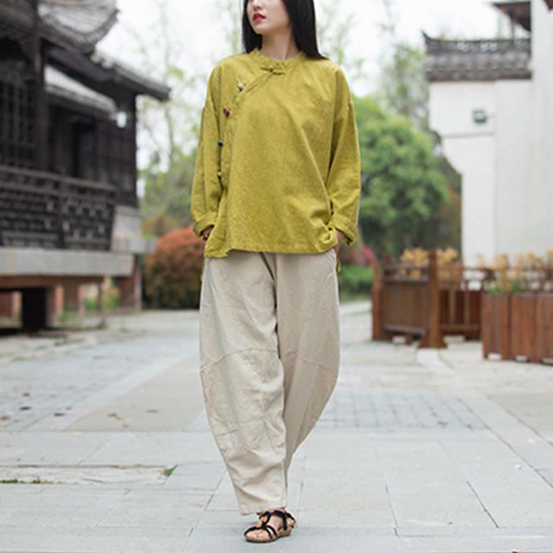 Ramie Linen Stand Collar Mindful Meditation Long Sleeve Shirt