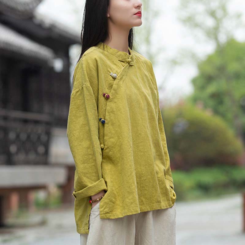 Ramie Linen Stand Collar Mindful Meditation Long Sleeve Shirt