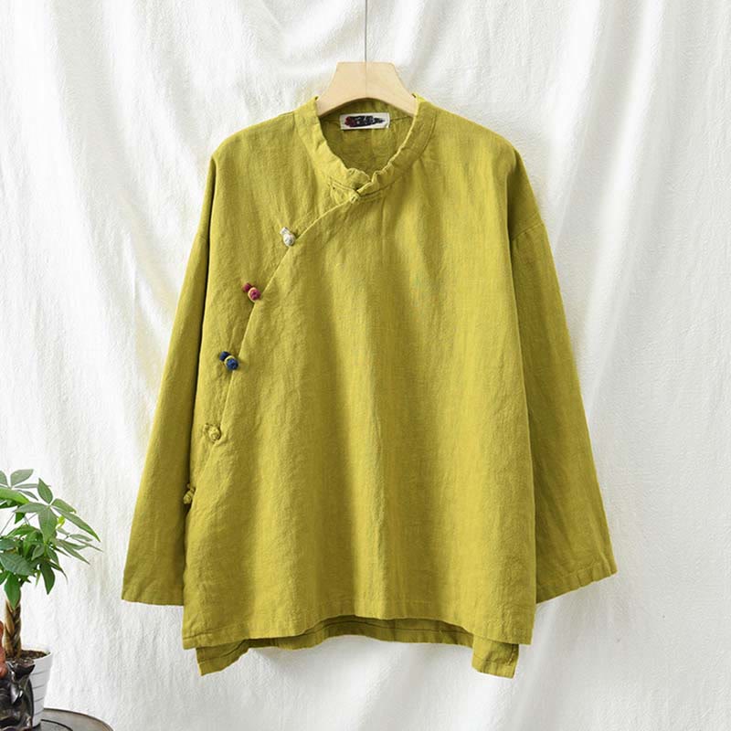 Ramie Linen Stand Collar Mindful Meditation Long Sleeve Shirt
