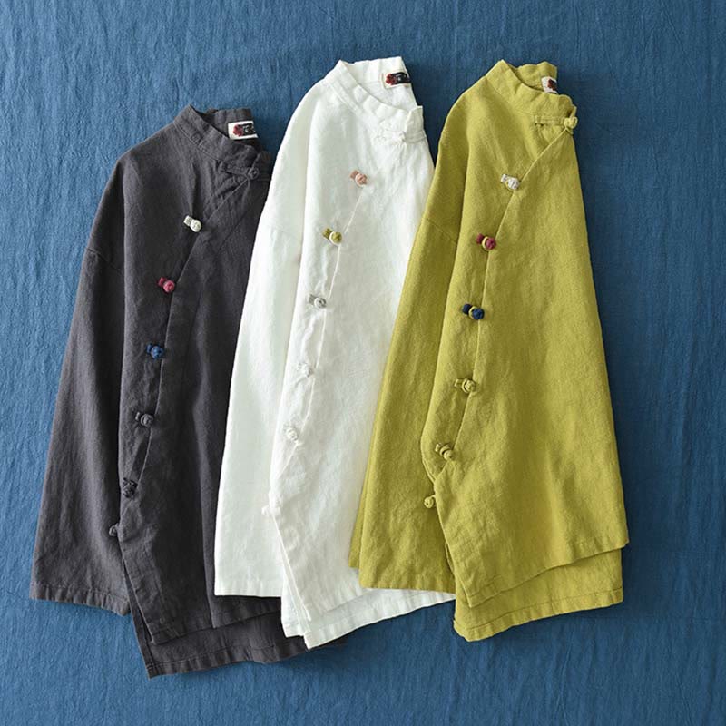 Ramie Linen Stand Collar Mindful Meditation Long Sleeve Shirt