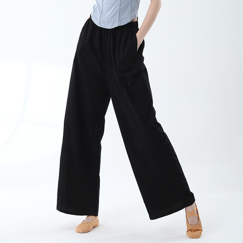Loose Cotton Drawstring Wide Leg Pants For Yoga Dance With Pockets