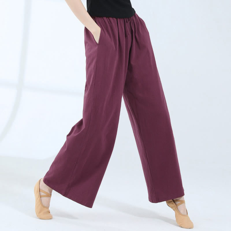 Loose Cotton Drawstring Wide Leg Pants For Yoga Dance With Pockets