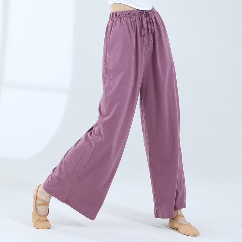 Loose Cotton Drawstring Wide Leg Pants For Yoga Dance With Pockets