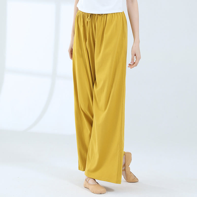 Loose Cotton Drawstring Wide Leg Pants For Yoga Dance With Pockets