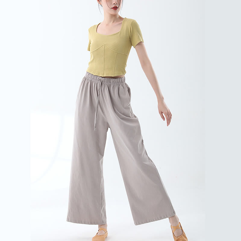 Loose Cotton Drawstring Wide Leg Pants For Yoga Dance With Pockets