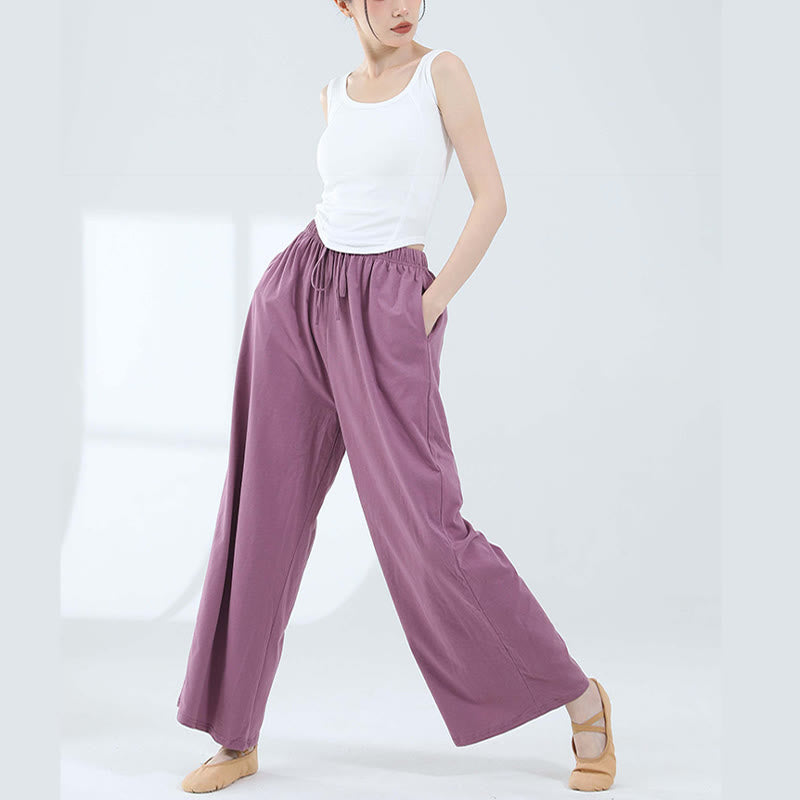 Loose Cotton Drawstring Wide Leg Pants For Yoga Dance With Pockets