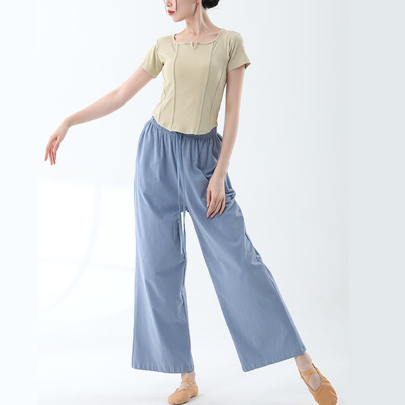 Loose Cotton Drawstring Wide Leg Pants For Yoga Dance With Pockets