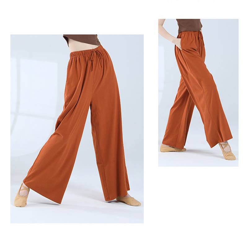 Loose Cotton Drawstring Wide Leg Pants For Yoga Dance With Pockets