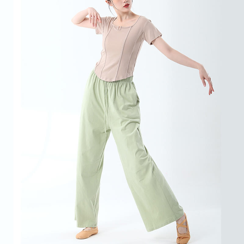 Loose Cotton Drawstring Wide Leg Pants For Yoga Dance With Pockets