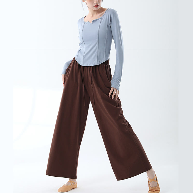 Loose Cotton Drawstring Wide Leg Pants For Yoga Dance With Pockets
