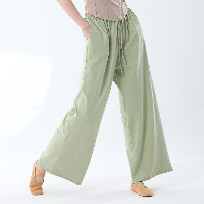 Loose Cotton Drawstring Wide Leg Pants For Yoga Dance With Pockets