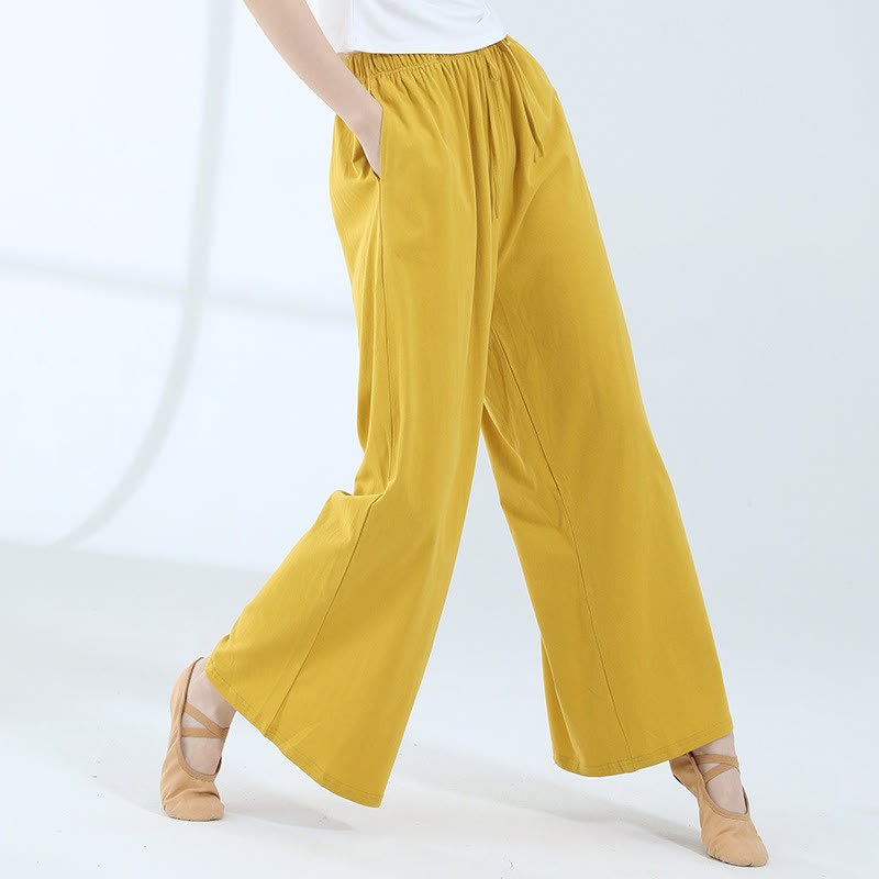 Loose Cotton Drawstring Wide Leg Pants For Yoga Dance With Pockets