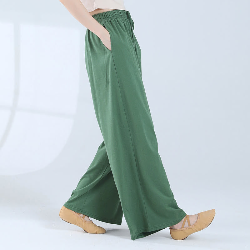 Loose Cotton Drawstring Wide Leg Pants For Yoga Dance With Pockets