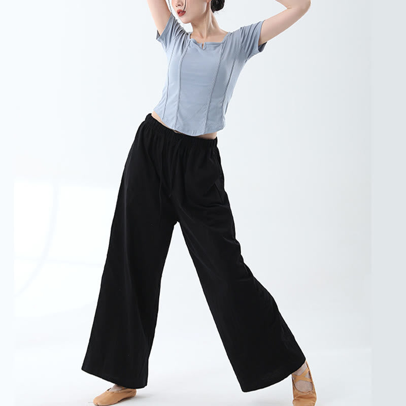 Loose Cotton Drawstring Wide Leg Pants For Yoga Dance With Pockets