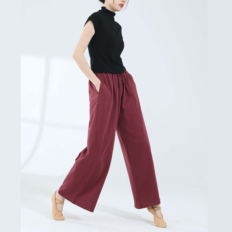 Loose Cotton Drawstring Wide Leg Pants For Yoga Dance With Pockets
