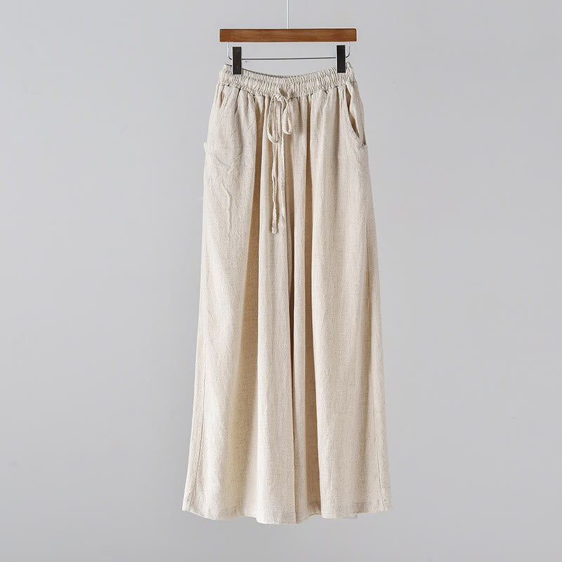 Loose Cotton Linen Drawstring Wide Leg Pants With Pockets