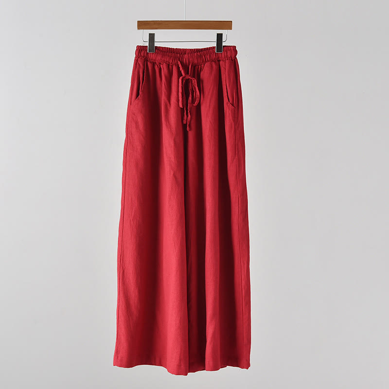 Loose Cotton Linen Drawstring Wide Leg Pants With Pockets
