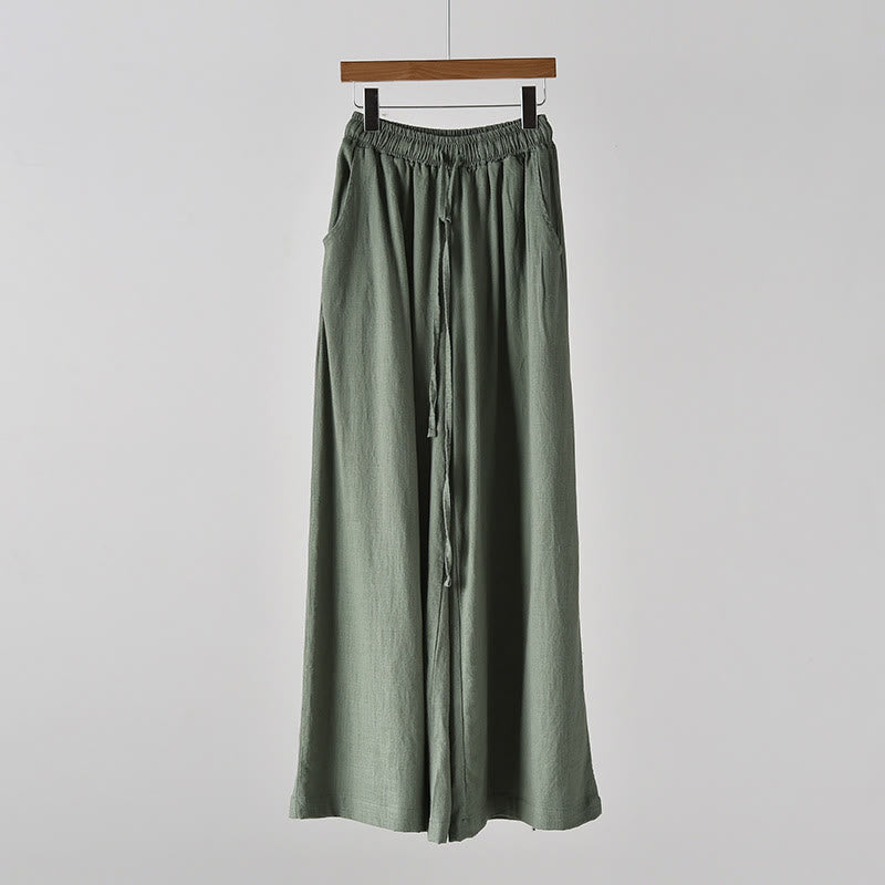 Loose Cotton Linen Drawstring Wide Leg Pants With Pockets