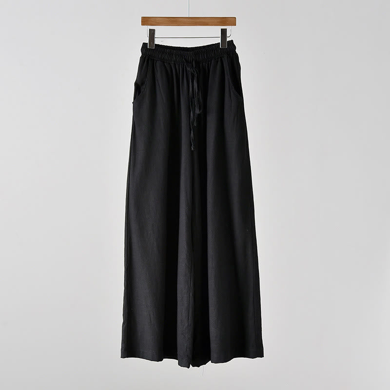 Loose Cotton Linen Drawstring Wide Leg Pants With Pockets