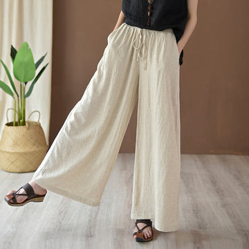 Loose Cotton Linen Drawstring Wide Leg Pants With Pockets