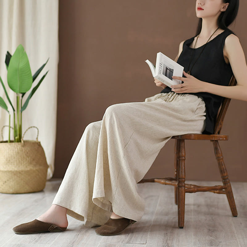 Loose Cotton Linen Drawstring Wide Leg Pants With Pockets