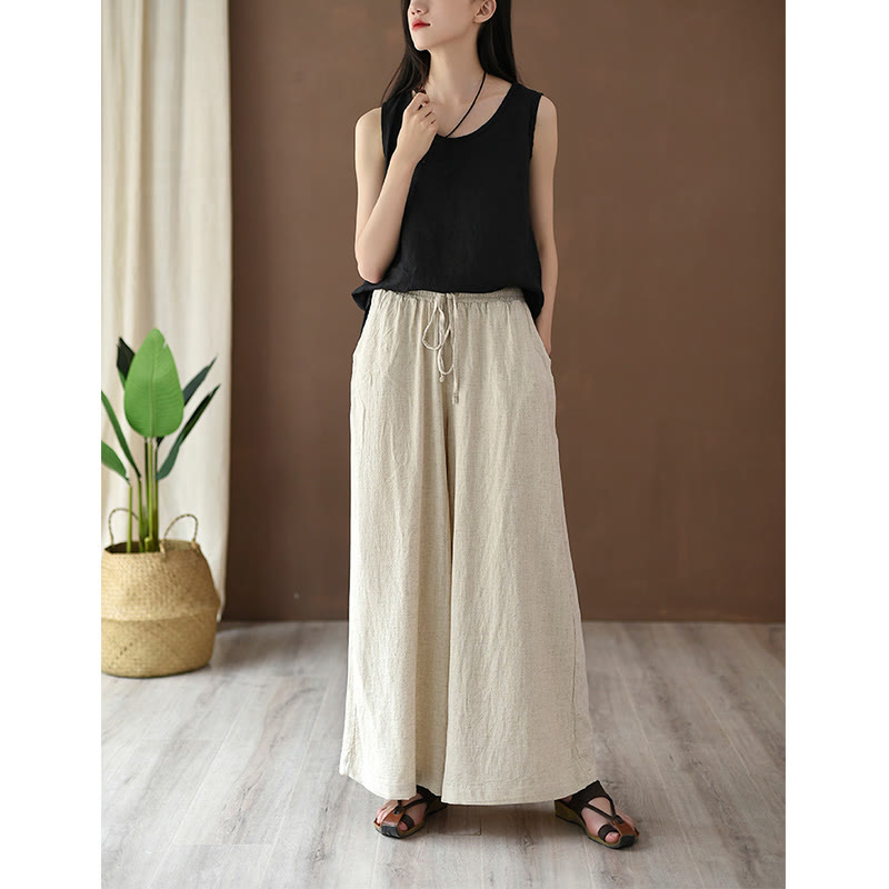 Loose Cotton Linen Drawstring Wide Leg Pants With Pockets