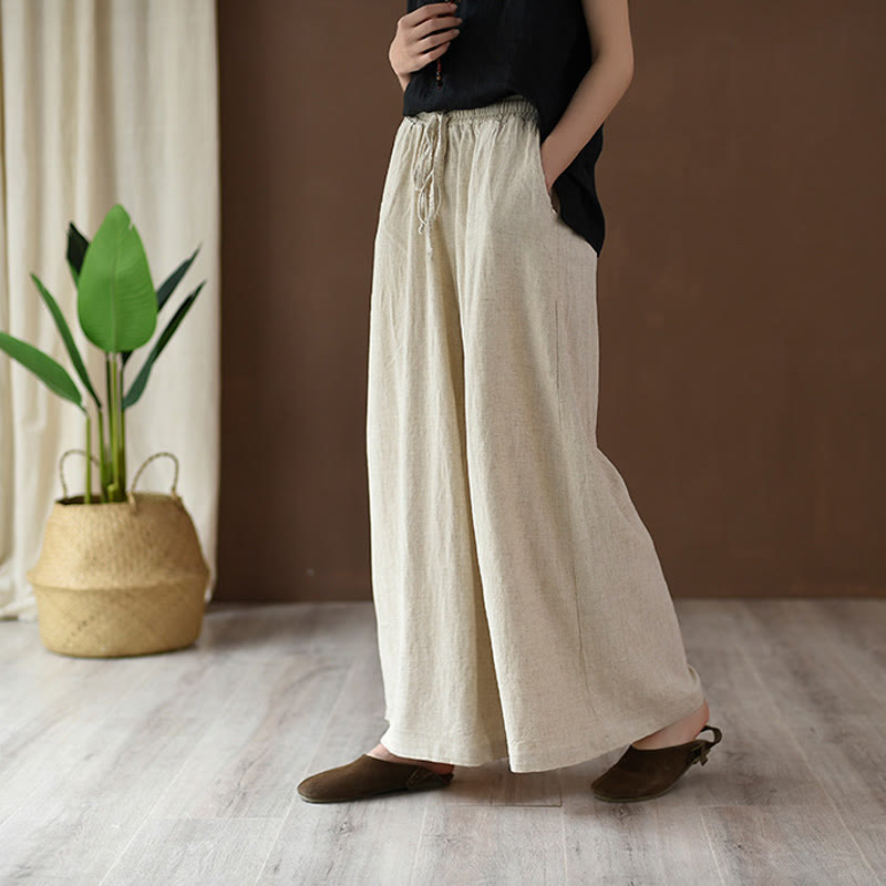 Loose Cotton Linen Drawstring Wide Leg Pants With Pockets