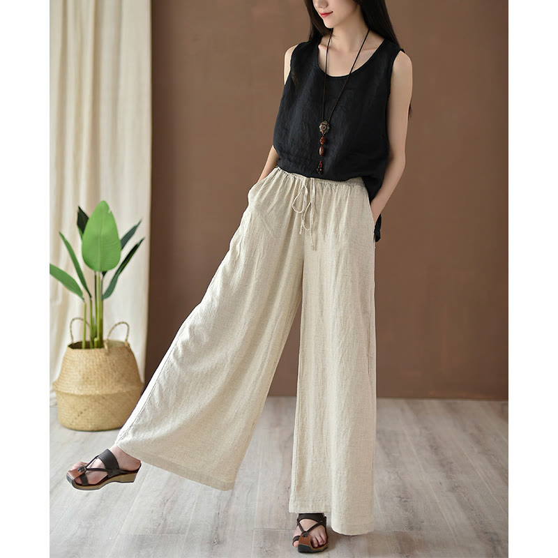 Loose Cotton Linen Drawstring Wide Leg Pants With Pockets
