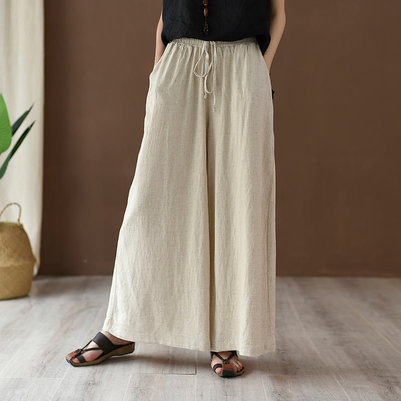 Loose Cotton Linen Drawstring Wide Leg Pants With Pockets